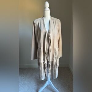 VS2 by VAKKO Taupe Faux Suede Fringe Washable Open Jacket Coat Sz L
